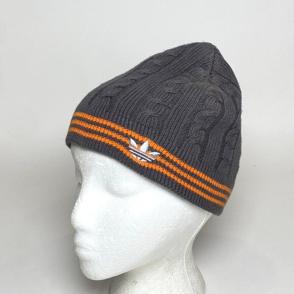 Adidas Trefoil 3 Stripe Knit Beanie Hat Skull Cap Gray Orange 100% Cotton - Picture 1 of 5